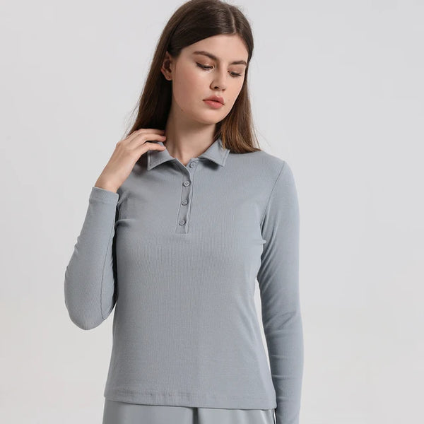 Ladies Polo T-shirt Colored Long-Sleeved Buttons