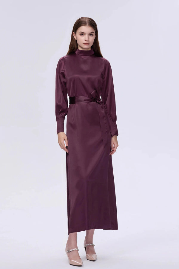 Ladies Satin Maxi Dress with Waist Belt and Collar